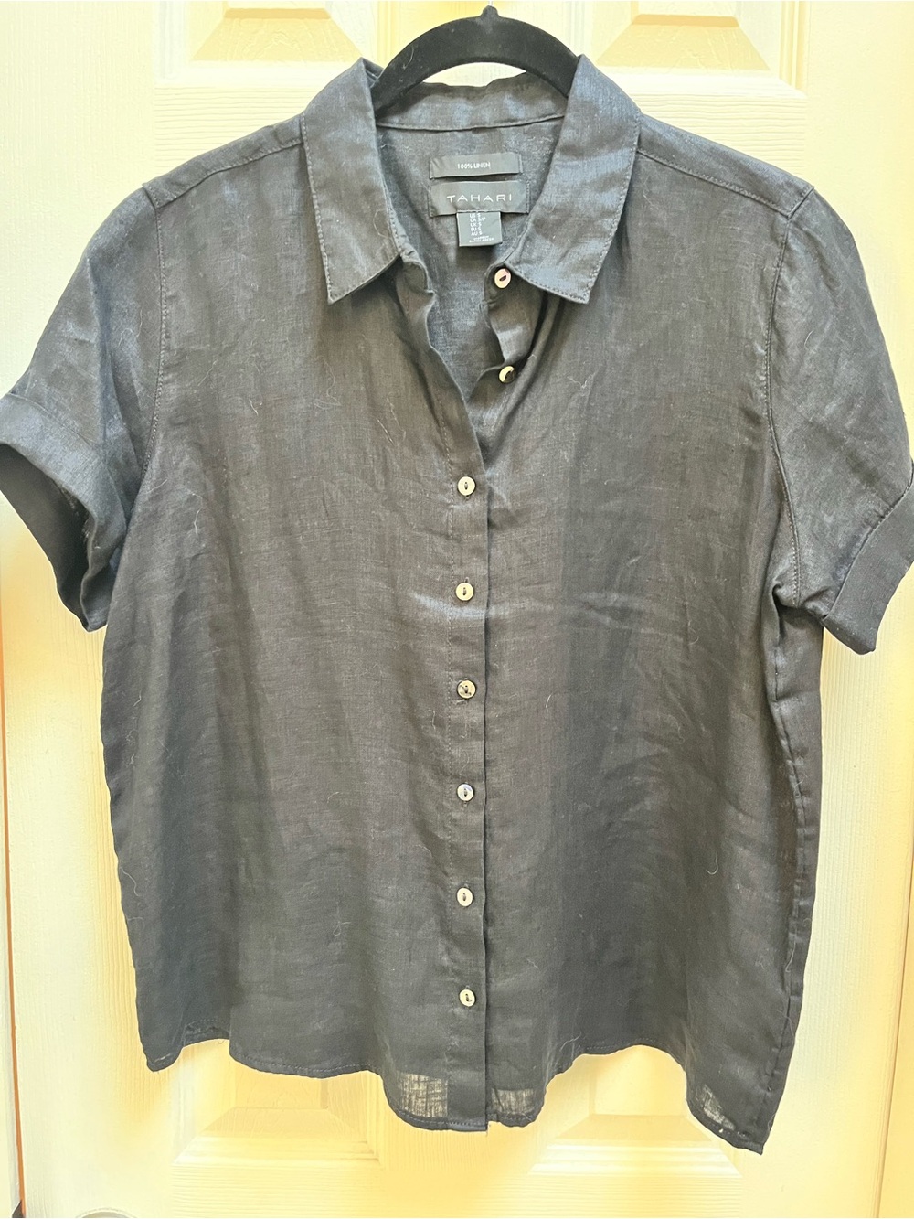 Tahari Black Short-Sleeve Linen Button-Down Shirt